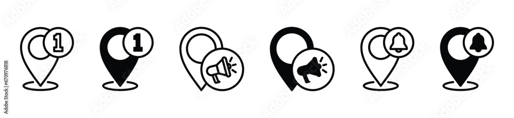 Poster map pin location with notification icon set. location pin with alarm, inbox message, ringing bells, 