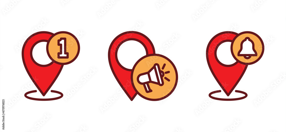 Poster map pin location with notification icon set. location pin with alarm, inbox message, ringing bells, 