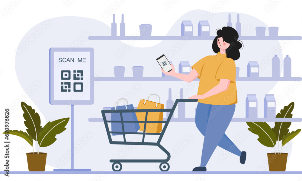 Poster cashless payment system. woman use mobile cashless payment system or scan qr code. characters using 