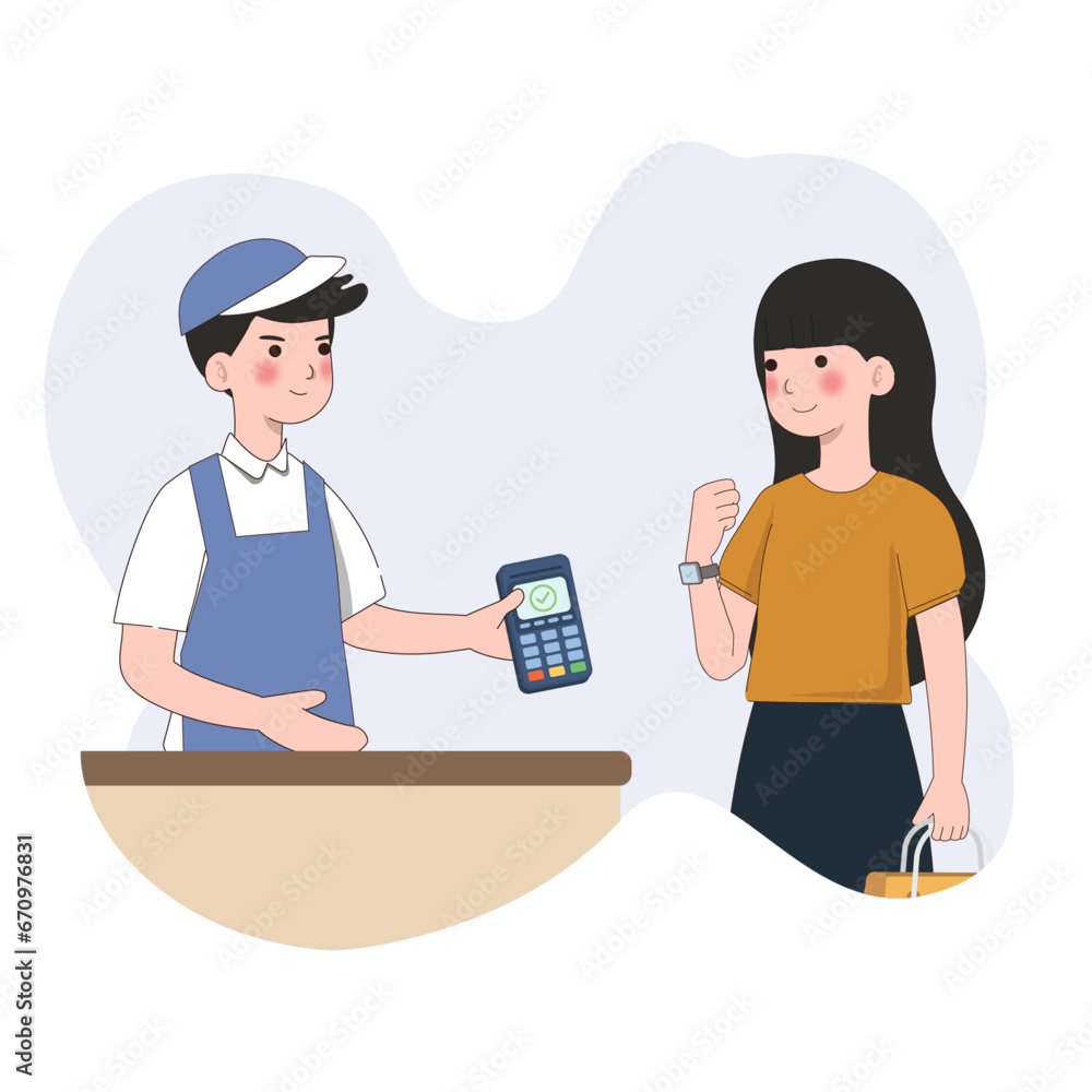 Poster customer use mobile cashless payment system or scan qr code. characters using virtual credit card on
