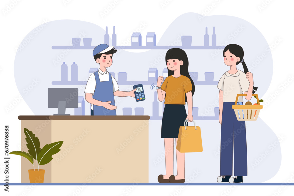 Poster customer use mobile cashless payment system or scan qr code. characters using virtual credit card on