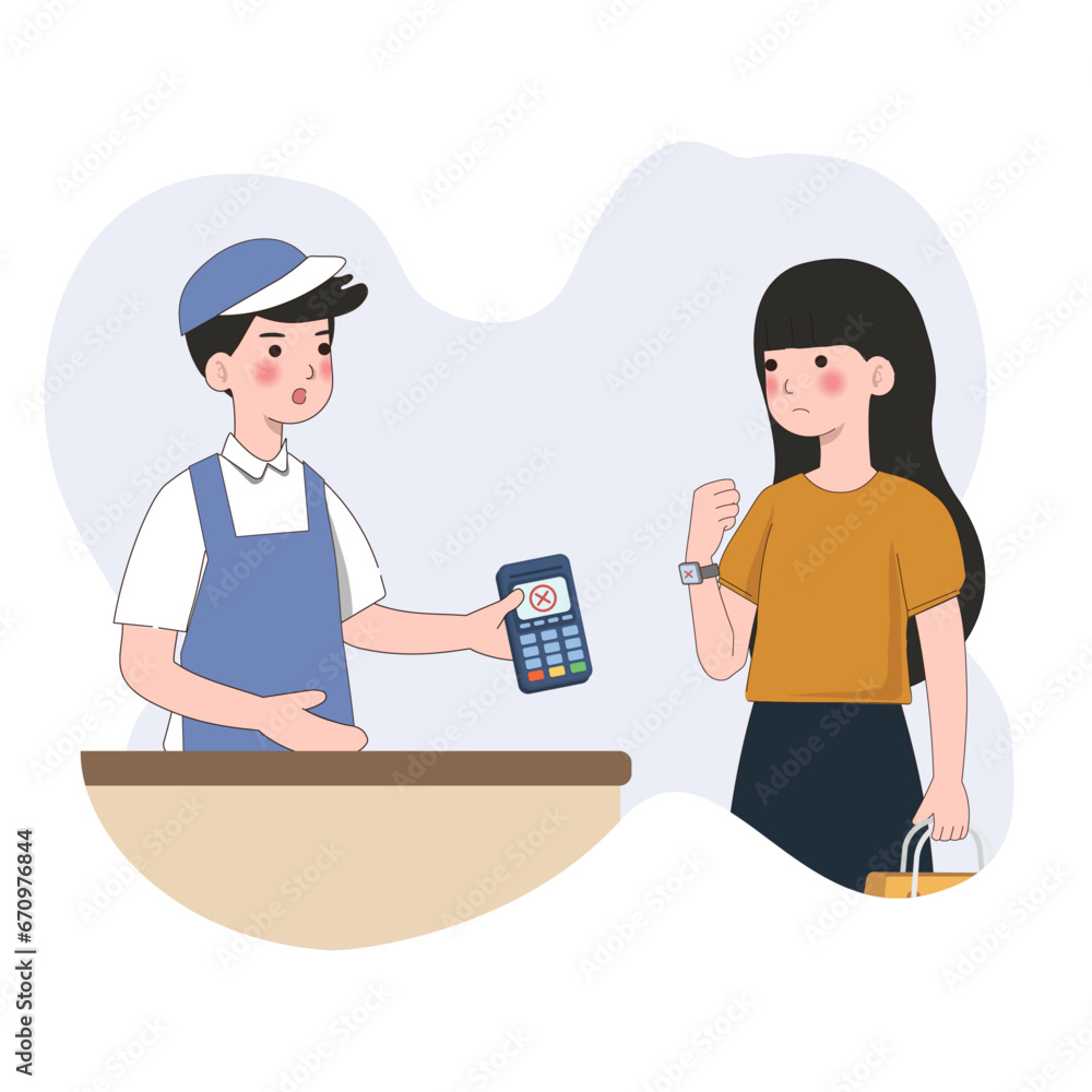 Poster payment failed. customer use mobile cashless payment system or scan qr code. characters using virtua