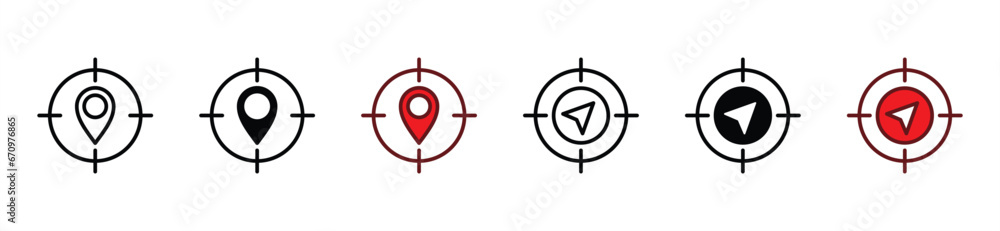 Poster target travel and trip location icon set. target destination icons. aim with map pin and gps navigat