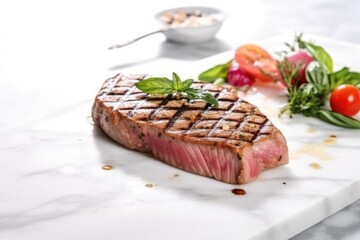 freshly grilled tuna steak on a white marble countertop
