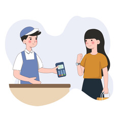 Customer use mobile cashless payment system or scan qr code. Characters using virtual credit card on smartwatch. Hand paying with POS terminals and NFC technology. vector illustration