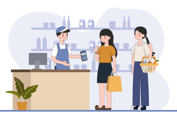 Customer use mobile cashless payment system or scan qr code. Characters using virtual credit card on smartwatch. Hand paying with POS terminals and NFC technology. vector illustration