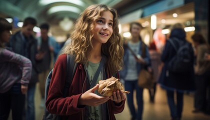 a girl holding a piece of food