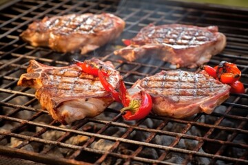veal chops grilling on a stainless steel home barbecue