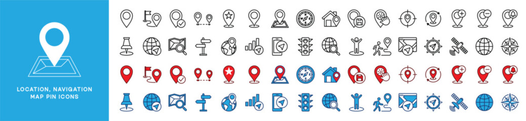 Location, navigation, and map pin icons set. Map marker icon symbol. Direction, compass, GPS, place, distance, route, traffic, road and other. Thin line and color style. Vector illustration - obrazy, fototapety, plakaty