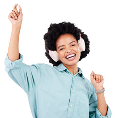Woman, dance portrait and headphones listening to music or streaming service isolated on transparent png background. Celebration, audio technology or excited african person happy for radio or podcast