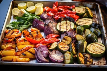 diverse variety of grilled veggies on a silver tray captured in daylight