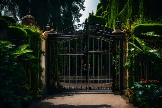 a majestic luxery steel gate with plants leads the way to a big mansion - AI Generative