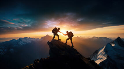 Panoramic view Mountain man giving a helping hand to fellow hiker - obrazy, fototapety, plakaty