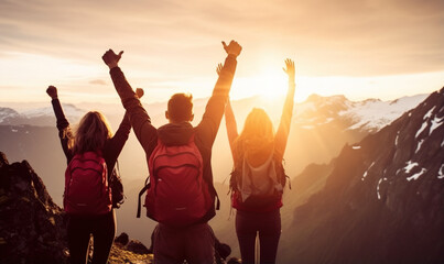 Behind view group of three people wearing backpacks and with arms raised up celebrating success on mountain top at sunset - obrazy, fototapety, plakaty