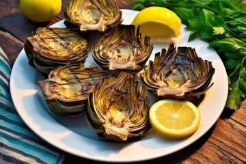 grilled artichokes with charred edges placed neatly on a plate