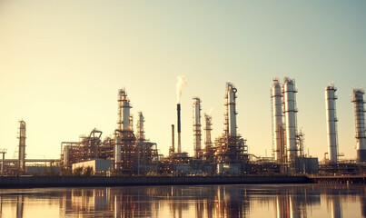 Obraz premium Oil Refinery with smoke stacks and pipes in front of body of water