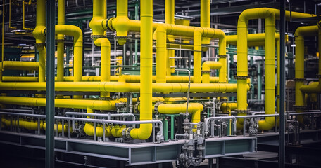 Intricate yellow gas pipelines in industrial plant