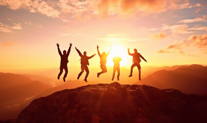 Silhouette of group of people jumping in the air in front of bright sunrise in mountain - obrazy, fototapety, plakaty