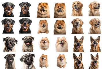 Collection of dogs of various breeds on a transparent background. PNG Collection of cute dogs on a transparent background.