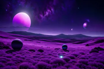 Schilderijen op glas A surreal landscape of a purple planet with three moons and a glowing ring of energy - AI Generative © Naila