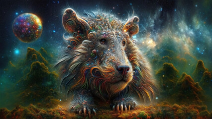 Mystical Lion in a Cosmic Forest - AI generated Illustration, realistic