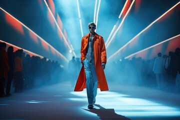 Male fashion model on catwalk at high fashion show on fashion week - obrazy, fototapety, plakaty