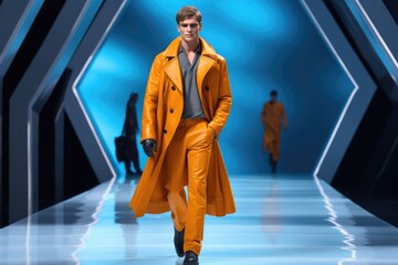 Male fashion model on catwalk at high fashion show on fashion week
