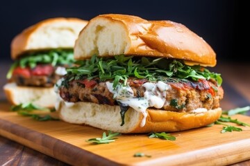 closeup of a grilled lentil burger with vegan mayo