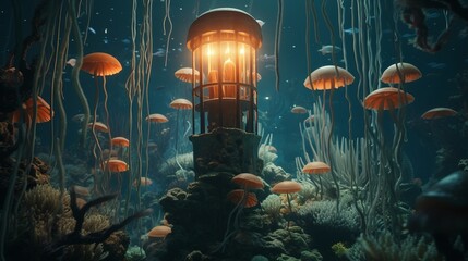 a light in a cage surrounded by jellyfish - obrazy, fototapety, plakaty