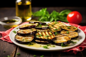 smoky grilled slices of eggplant with a sheen of oil