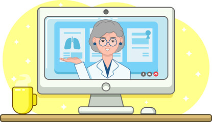 Vector illustration of telemedicine doctor consultation on computer from home. Medical consultation online