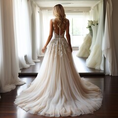 Beautiful dress. Full length of attractive young woman wearing wedding dress while standing in front of the mirror in bridal shop back view - obrazy, fototapety, plakaty