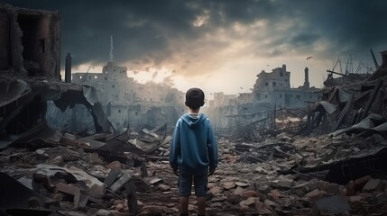 Peace crisis concept, front of collapsed buildings, area war victim, sorrowful scenery idea for support children's right