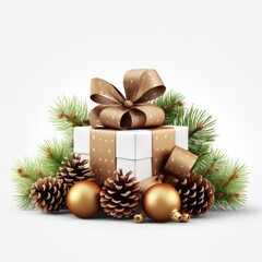 Fototapeta na wymiar White gift box with a pine branch, gold Christmas balls and cones on a white background