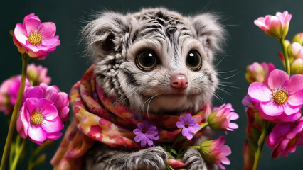 AI Generated Realistic Spring Easter Cat Wallpaper with Scarf and Flowers

