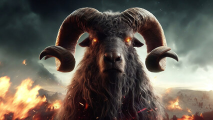 AI Generated Realistic Illustration of a Ram with Glowing Eyes in Front of Fire Wallpaper