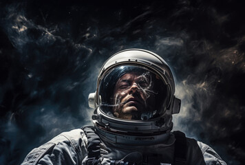 Astronaut stand on space background with stars. Spaceman in spacesuit. Cosmic concept.