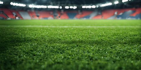 Lawn in the soccer stadium. Football stadium with lights background. - obrazy, fototapety, plakaty