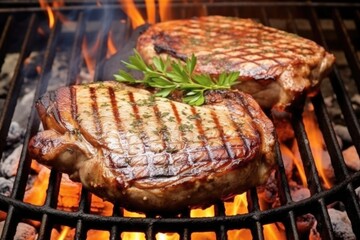 sizzling pork chop on a stone grill with glaze