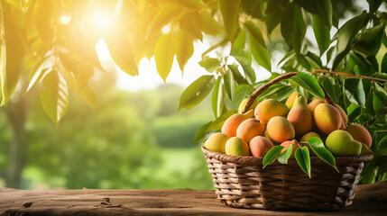 Mango in basket with leaves on wooden table and Mango tree farm with sunlight background. Made with generative ai