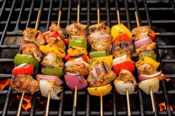 overhead view of a typical peruvian anticuchos on a grill
