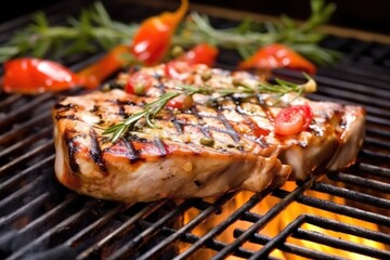 italian-grilled swordfish steak on hot bbq grill - obrazy, fototapety, plakaty