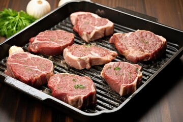 Fototapeta premium semi-cooked lamb chops featuring grill marks on a stovetop grill pan