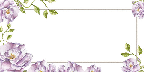 lilac delicate roses, decorative twigs and leaves. banner watercolor illustration on a white background. in the style of a sketch.