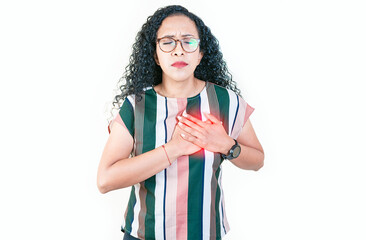 Afro woman with heart pain touching chest isolated. Afro girl with tachycardia. People with heart...