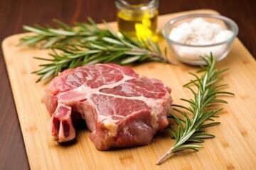 lamb chop with grill marks beside fresh rosemary on a kitchen counter