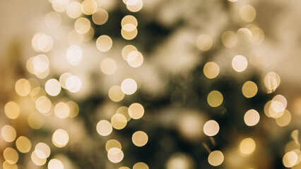 Vertical blur bokeh restaurant cafe room green Christmas Tree gifts presents garlands, candles...