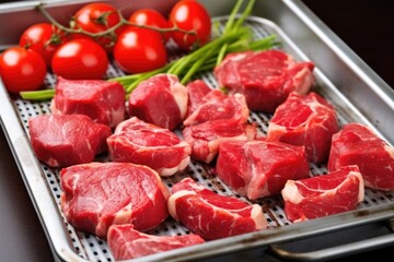 bright red lamb chops with grill marks on a stainless steel tray