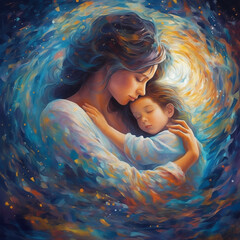Intimate illustration of loving mother with child hugging each other