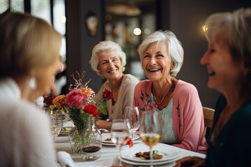 The senior Woman smiles and talks with a friend in the restaurant, Restaurant Reunion: Joyful Senior Smiles - obrazy, fototapety, plakaty
